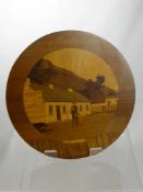 Two Inlaid Wooden Plaques by McDonnell. The plaques depicting Irish village scenes.
