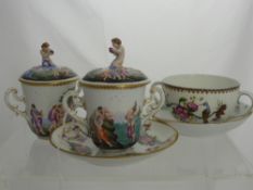 Two 19th Century Capo di Monte Chocolate Cups and Covers with one saucer and a Minton style cup