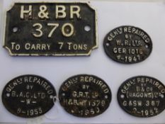 A Miscellaneous Collection of Five Oval Steam Engine Plaques, including Repaired by G.R.T.