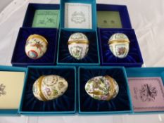 Five Halcyon Days Enamel Easter Eggs, including 1977, 1978, 1979, 1981 and 1990 in the original