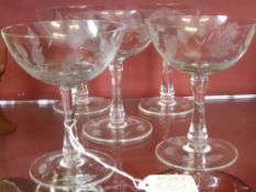 Five Vintage Champagne Glasses, engraved with roses.
