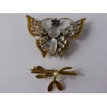 A Gold Metal and Moonstone Brooch, in the form of a butterfly together with a gold an pearl