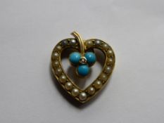 A Lady's Pearl and Turquoise Heart Pendant, 9ct gold to the back of the setting and 18ct gold to