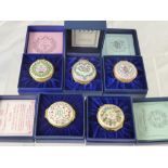 Five Halcyon Days Enamel Valentine Boxes, including 1979, 1980, 1981, 1982, 1983 in the original