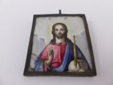 An Antique Hand Painted Enamel Pendant, depicting Christ with fingers raised in blessing, possibly