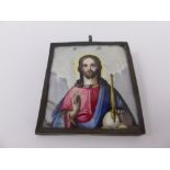 An Antique Hand Painted Enamel Pendant, depicting Christ with fingers raised in blessing, possibly