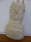 An Antique Marble Carving depicting Buddha, seated on a lotus base in contemplative posture, gilt