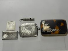 A Solid Silver Vesta Case, together with two silver stamp pouches and a solid silver whistle,