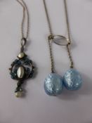 An Antique Silver Blue Stone Pearl and Laurel Drop Pendant, together with a blue Guilloché enamel