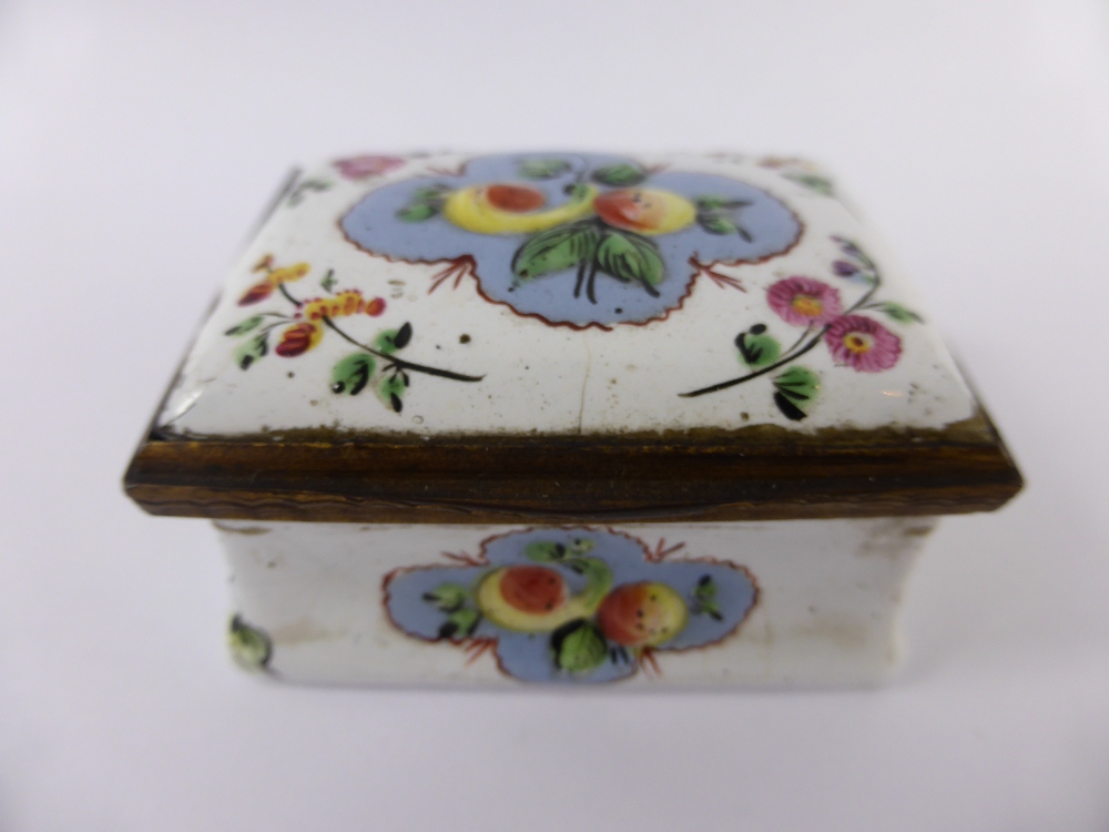 An 18th Century White Enamel Box, hand painted with fruit and flowers, gifted by Miss Henrietta