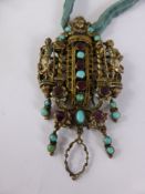An Antique Continental Baroque Style Silver Gilt, Glass, and Turquoise Brooch Pendant,  having