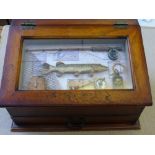A Wooden Miniature Chest, the chest having a pike fly fishing display to top with single drawer