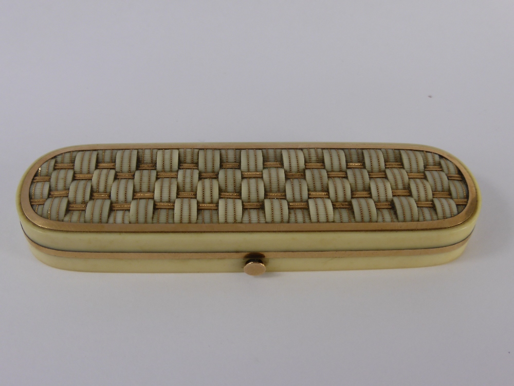 An Early 19th Century Ivory Toothpick Holder, of oblong form with decorative basket weave pique