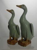 Two Chinese Porcelain Celadon Runner Ducks, with Chinese character stamps to the base, approx 21 and