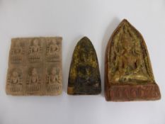 Three Antique Buddhist Clay Plaques, two with gilt highlights depicting Buddhas.