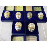 Five Halcyon Days Enamel Easter Eggs, including years 1984, 1985, 1986, 1987, 1988 and 1989, in