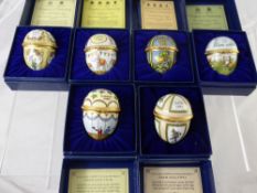 Five Halcyon Days Enamel Easter Eggs, including years 1984, 1985, 1986, 1987, 1988 and 1989, in