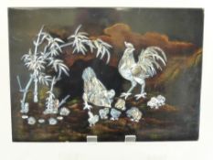 A Chinese Lacquer and Mother of Pearl Panel, the panel depicting a chicken family foraging under a