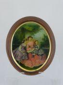 An Oval Reverse Glass Painting depicting a Victorian scene, 24 x 18 cms signed to back with