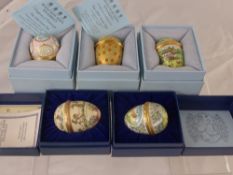 Five Halcyon Days Enamel Easter Eggs including years 2005, 2006, 1980, 1983 and 1982 in the original