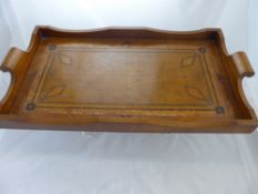 Two Fruit Wood Tea Trays, the trays with decorative brass and wood inlay.