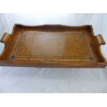 Two Fruit Wood Tea Trays, the trays with decorative brass and wood inlay.