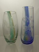 Two Caithness Glass Vases, one with green and gold inserts and etched with a humming bird and