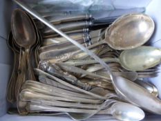 A Quantity of Silver and Silver Plate, including knives, forks, spoons, sorbet spoon, table spoon,