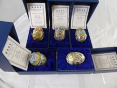 Five Halcyon Days Enamel Easter Eggs, including years 1995, 1996 1997, 1998, 1999 in the original