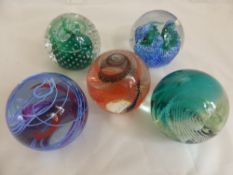 Five Caithness Glass Paper Weghts, including "Cascade" green, "Vibrance" blue/red, "Pastures New"