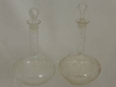 A Pair of Hand Etched Edwardian Glass Decanters, the decanters depicting ferns and flowers (WAF).