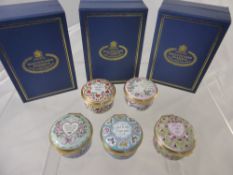 Five Halcyon Days Enamel St Valentines Day Boxes including years 1990, 1991, 1992, 1993 and 1994, in