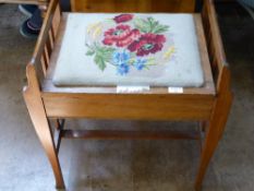 A Vintage Piano Stool, approx 52 x 38 x 64 cms, red poppy tapestry seat.