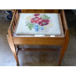 A Vintage Piano Stool, approx 52 x 38 x 64 cms, red poppy tapestry seat.