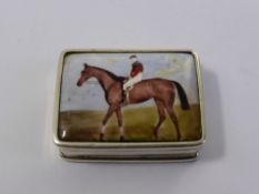 A Silver 925 Pill Box, with enamel lid depicting a jockey up.