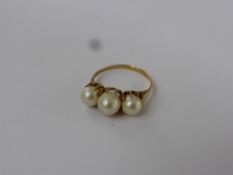 A Lady's Vintage 14 ct Gold and Pearl Ring, 2 x 5.5 mm pearls and 1 x 6.3 pearl, size 0, approx 3.