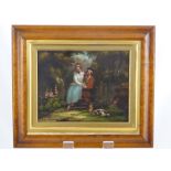 A 19th Century Oil on Copper, depicting young lovers in a woodland scene, approx 27 x 22 cms,