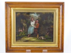 A 19th Century Oil on Copper, depicting young lovers in a woodland scene, approx 27 x 22 cms,