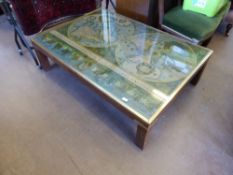 A Brass and Glass Coffee Table, with antique globes inserts with Latin inscription, approx 133 x