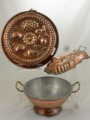 Miscellaneous 19th Century Copper Kitchenalia, including, a colander, pie mould and fish mould