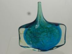 A Blue/Green Maltese Mdina Crinoline Style Glass Vase, dated 1976. Approx 21 x 21 cms.