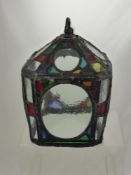 A Leaded Light Lantern, top of hanging hook to base approx 36 cms.