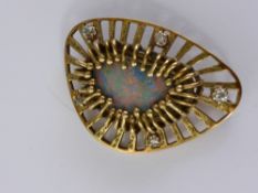 A Lady's 9ct Gold Opal and Diamond Brooch, the bespoke brooch having an opal to the centre in a