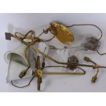 A Quantity of Vintage Continental Brass Light Fittings, including two twin branch wall sconces,