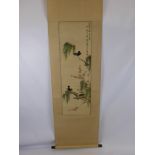 A Hand Painted Chinese Scroll Painting, depicting two black birds amongst cherry blossom, with