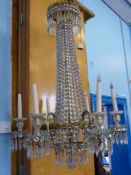 An Elegant Antique Gilded Brass Six Branch Crystal Chandelier, wire conversion.