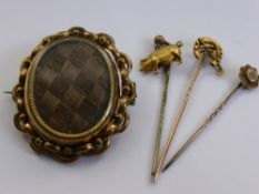 Quantity of Jewellery, including a mourning brooch and three 9ct gold tie pins.