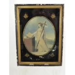 Three Victorian Oval Prints behind painted glass, the glass depicting classical figures, approx 25 x