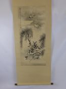 A Hand Painted Chinese Scroll Painting, depicting house martins in flight amongst blossom, with