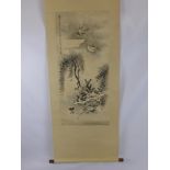 A Hand Painted Chinese Scroll Painting, depicting house martins in flight amongst blossom, with